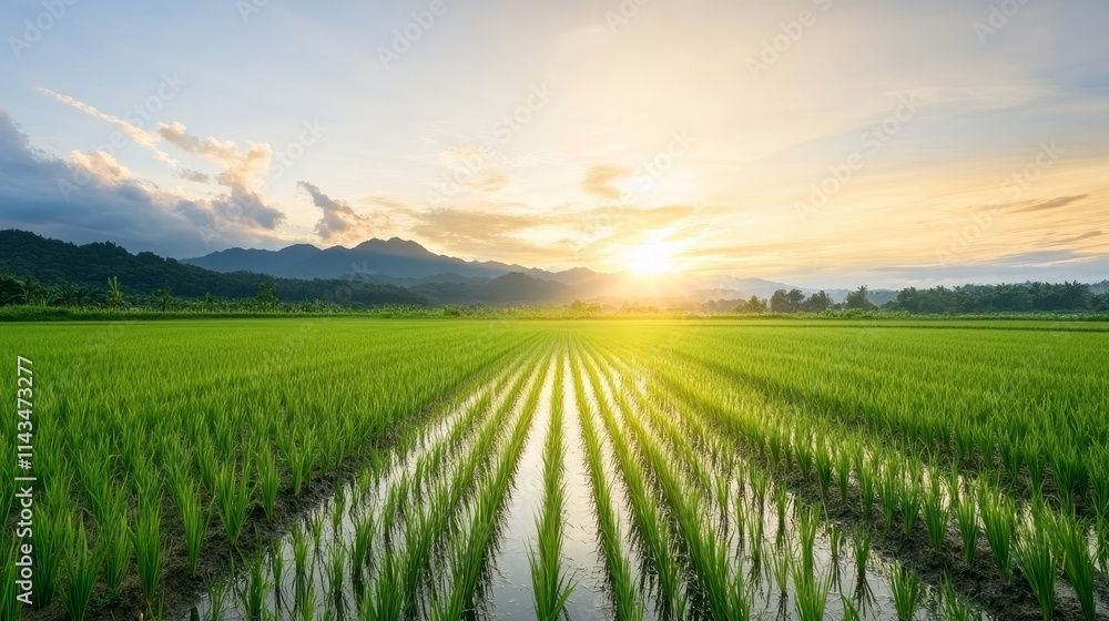 Serene Rice Field Landscape at Sunset with Vibrant Green Plants and Mountain Backdrop Illuminated by Golden Sunlight in Tranquil Rural Setting Serene Rice Field Landscape at Sunset with Vibrant Green Plants and Mountain Backdrop Illuminated by Golden Sunlight in Tranquil Rural Setting