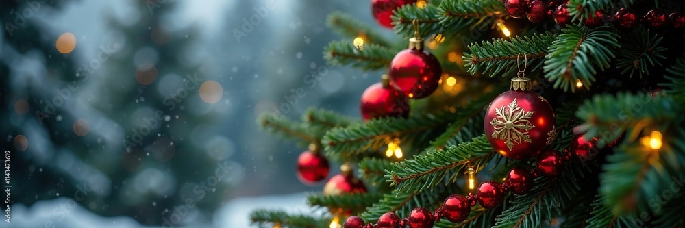 A majestic fir tree is adorned with sparkling ornaments and red garlands, natural scenery, holiday cheer A majestic fir tree is adorned with sparkling ornaments and red garlands, natural scenery, holiday cheer