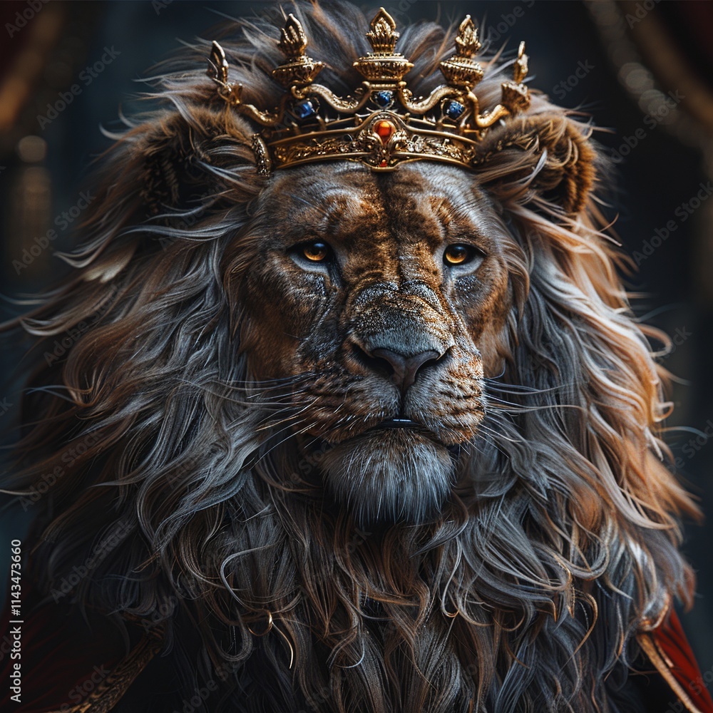 Naklejka premium Majestic lion, crowned in gold, exudes power and regality. A symbol of strength and leadership.