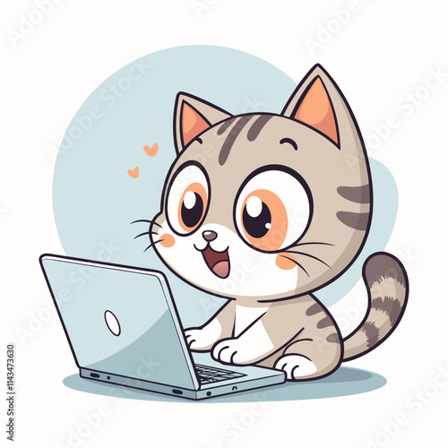 vector illustration of a cute cat character using a laptop