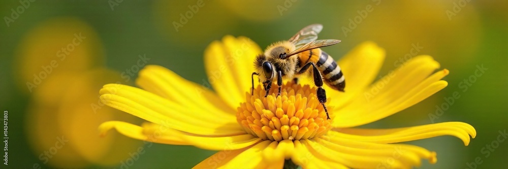 A bee's head with pollen baskets full of collected pollen from a big yellow flower, pollination, nature, big yellow flowers A bee's head with pollen baskets full of collected pollen from a big yellow flower, pollination, nature, big yellow flowers