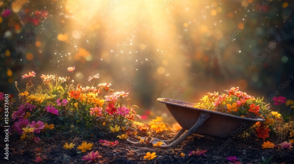 Sunlit garden with colorful flowers overflowing from a rustic wheelbarrow. Sunlit garden with colorful flowers overflowing from a rustic wheelbarrow.