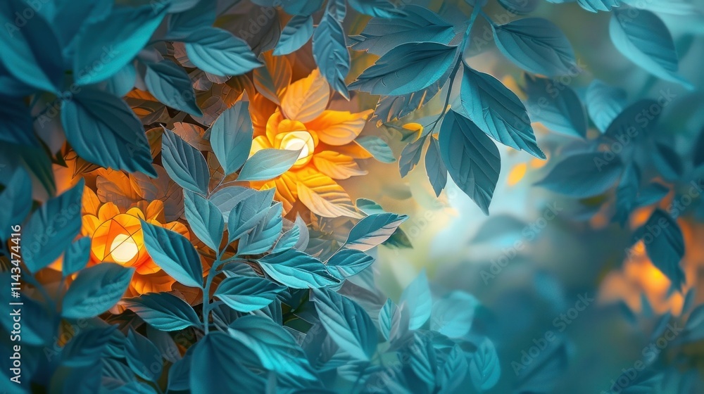 Fototapeta premium Vibrant autumnal foliage in soft focus natural backdrop with lush green and orange leaves blurring together to create a captivating ethereal and enchanting scene
