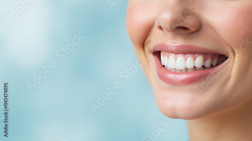 close up of a woman smiling banner, copy space