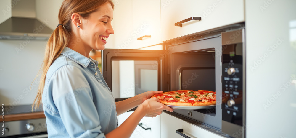 Happy housewife pulls pizza out of the microwave Happy housewife pulls pizza out of the microwave