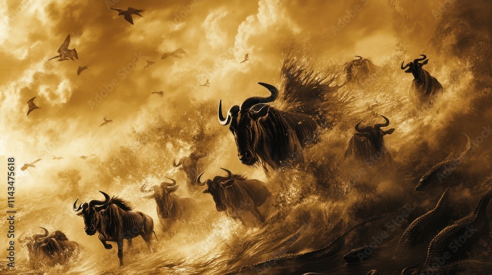 Fototapeta premium A dramatic scene of wildebeest crossing the Mara River in Serengeti National Park during the Great Migration.
