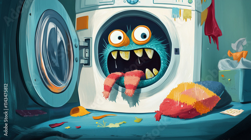 Illustration - Sock Monster - socks disappear into a monster's mouth in the laundry machine, explaining the mystery of lost socks photo