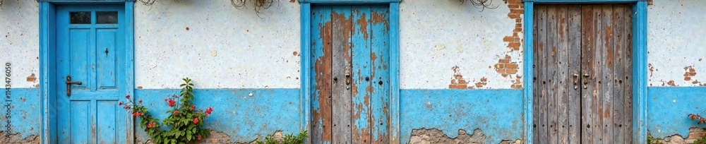 A blue and white facade partially boarded up with old wooden planks, ancient, peeling, weathered A blue and white facade partially boarded up with old wooden planks, ancient, peeling, weathered