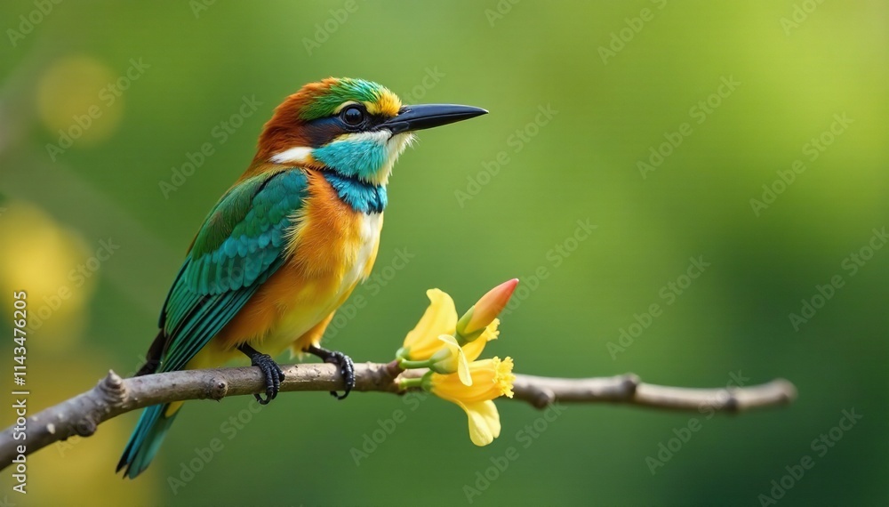 A blue bearded bee eater perched on a thin branch with flowers, bird species, bird, winged animal A blue bearded bee eater perched on a thin branch with flowers, bird species, bird, winged animal
