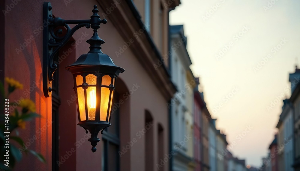 Antique lantern hanging from a Warsaw streetlamp, architecture, city, light Antique lantern hanging from a Warsaw streetlamp, architecture, city, light