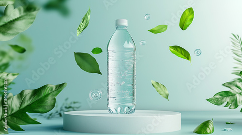 Wallpaper Mural Advertising mockup of water bottle with flying green leaves and spiral patterns on a platform, eco-friendly concept Torontodigital.ca