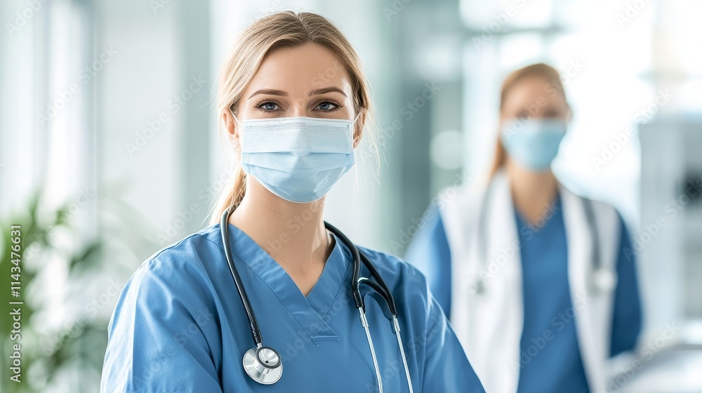 Close-Up Portrait of a Confident Female Healthcare Worker in Medical Scrubs and Face Mask with Stethoscope in a Bright Hospital Environment Close-Up Portrait of a Confident Female Healthcare Worker in Medical Scrubs and Face Mask with Stethoscope in a Bright Hospital Environment