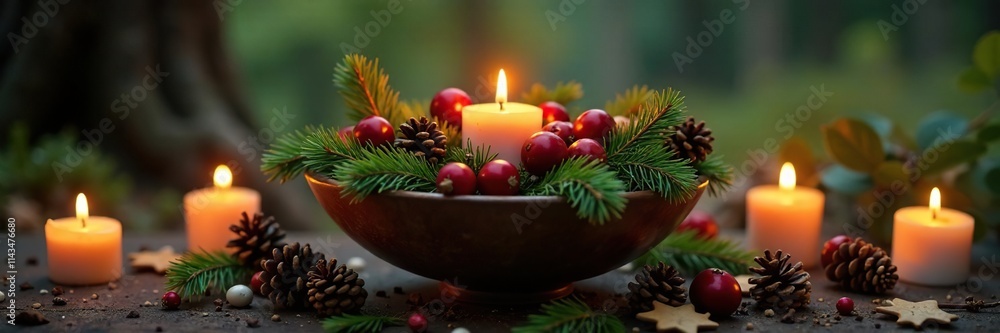 A bowl of mistletoe and pinecones with candles surrounding it, candlelight, forest A bowl of mistletoe and pinecones with candles surrounding it, candlelight, forest