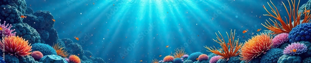 Fototapeta premium Abstract blue background with flowing seaweed and oceanic creatures, oceanic creatures, underwater world