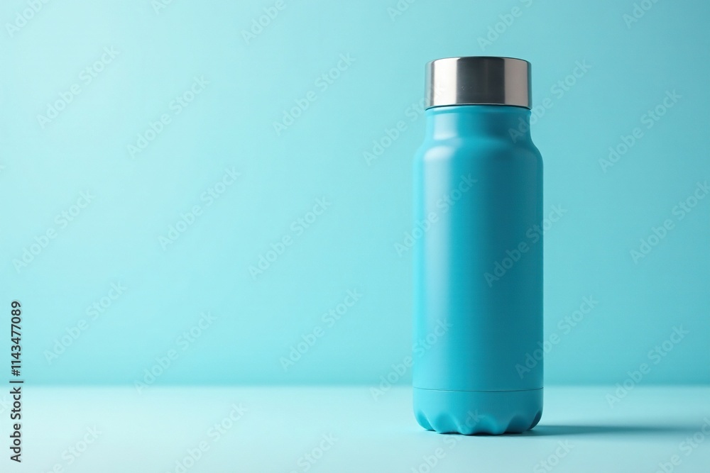 A blue insulated thermos against a bright white background,, food storage, drink container A blue insulated thermos against a bright white background,, food storage, drink container
