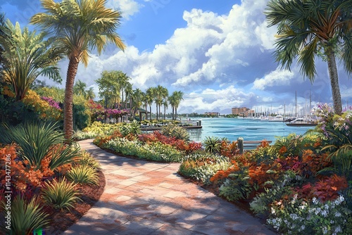 Serene Coastal Pathway with Lush Tropical Foliage and Vibrant Flowers Leading to a Scenic Marina Under a Bright Blue Sky