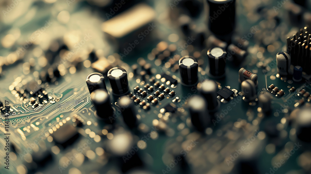 electronic components on a development board, featuring resistors, capacitors, and integrated circuits electronic components on a development board, featuring resistors, capacitors, and integrated circuits