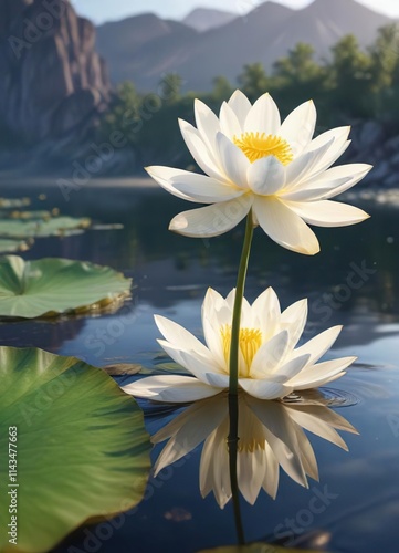 Pristine white lotus flower in full bloom against idyllic Tansa River reservoir, pond nature, aquatic reflection photo