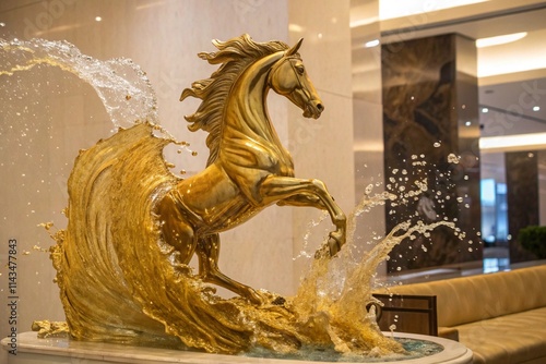 Golden Horse Splash Art Abstract Fluid Motion Dynamic Sculpture. Mural, wallpaper and background gold horse. High quality AI generated image photo