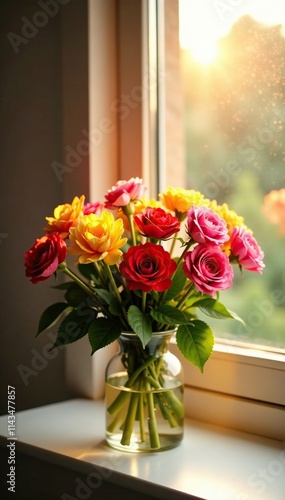 Wallpaper Mural A bouquet of colorful flowers is arranged in a vase under the warm glow of a sunny windowsill, sunlit room, bouquet Torontodigital.ca