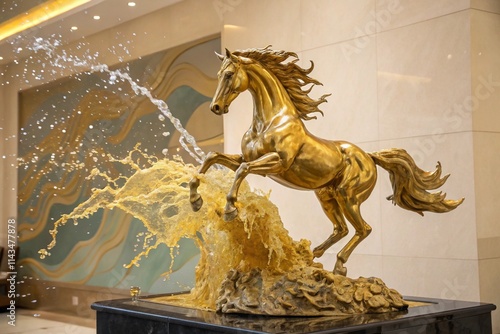 Golden Horse Splash Art Abstract Fluid Motion Dynamic Sculpture. Mural, wallpaper and background gold horse. High quality AI generated image photo