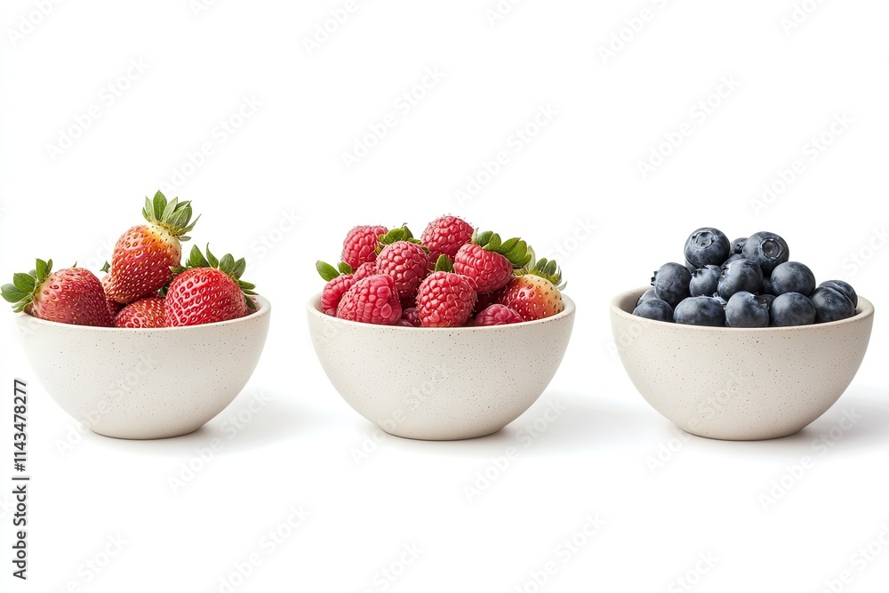 Fresh summer berries in the bowls. Blueberries, strawberries, raspberries shoot from the top isolated on white background Fresh summer berries in the bowls. Blueberries, strawberries, raspberries shoot from the top isolated on white background