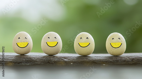 Happy Eggs: Four smiling eg...