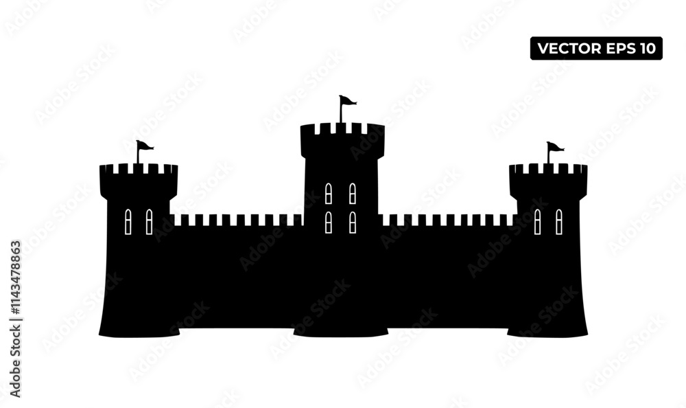 Naklejka premium A silhouette of a castle with towers and flags, suitable for graphic design purposes.