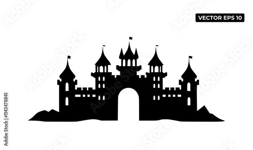 Silhouette of a castle with towers and flags, ideal for graphic design or illustration use.