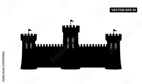 A silhouette of a castle with towers and flags, suitable for graphic design purposes.