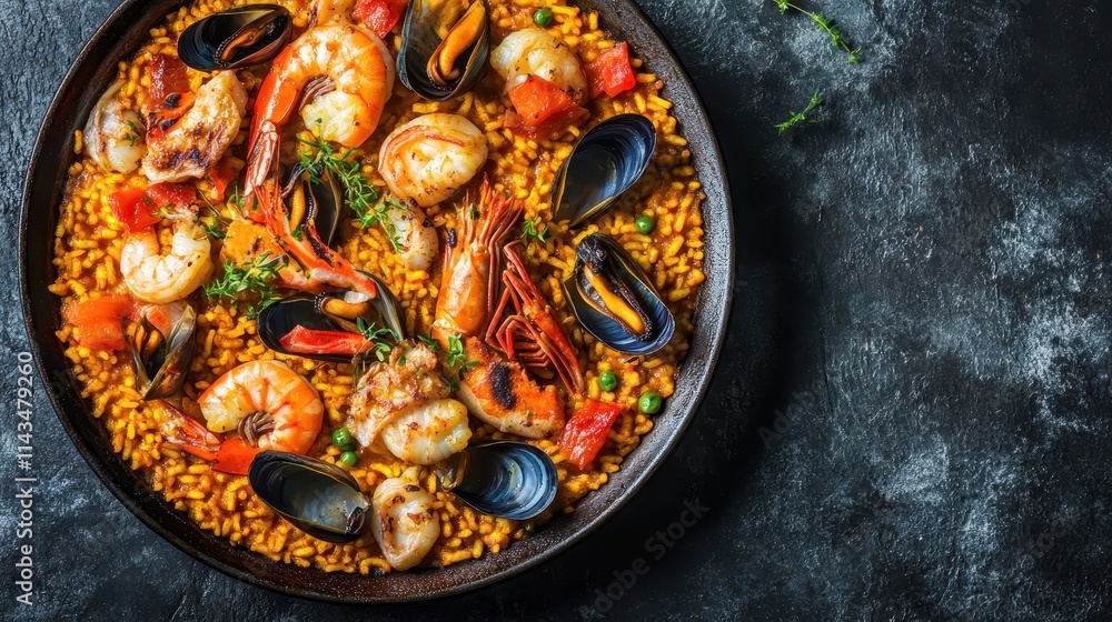 A beautifully plated seafood paella with empty space on the right side for text, showcasing a mix of shrimp, mussels, and saffron-infused rice arranged elegantly in a wide pan. The vibrant colors A beautifully plated seafood paella with empty space on the right side for text, showcasing a mix of shrimp, mussels, and saffron-infused rice arranged elegantly in a wide pan. The vibrant colors