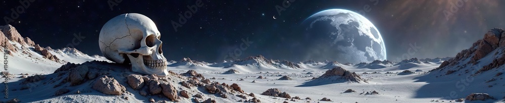 A white skull perched on the edge of a crater in a barren lunar surface with a stunning view of the Earth rising over the horizon, white skull, rocky, desolate A white skull perched on the edge of a crater in a barren lunar surface with a stunning view of the Earth rising over the horizon, white skull, rocky, desolate