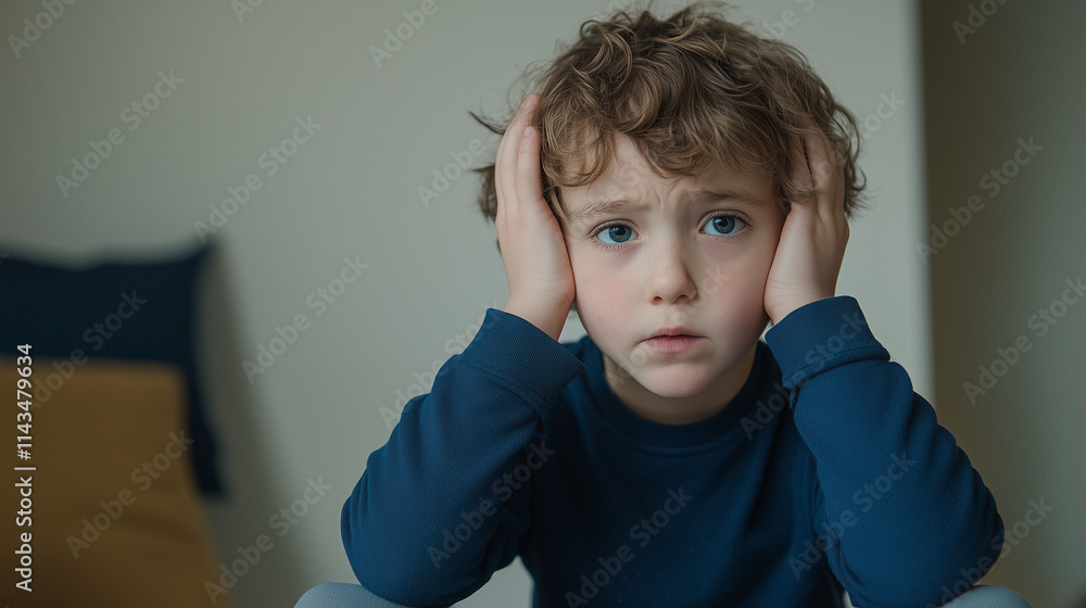 Young Boy Covering Ears: A young boy with curly hair sits with his hands over his ears, conveying a sense of anxiety, fear, or discomfort. This image could represent themes of stress. Young Boy Covering Ears: A young boy with curly hair sits with his hands over his ears, conveying a sense of anxiety, fear, or discomfort. This image could represent themes of stress.