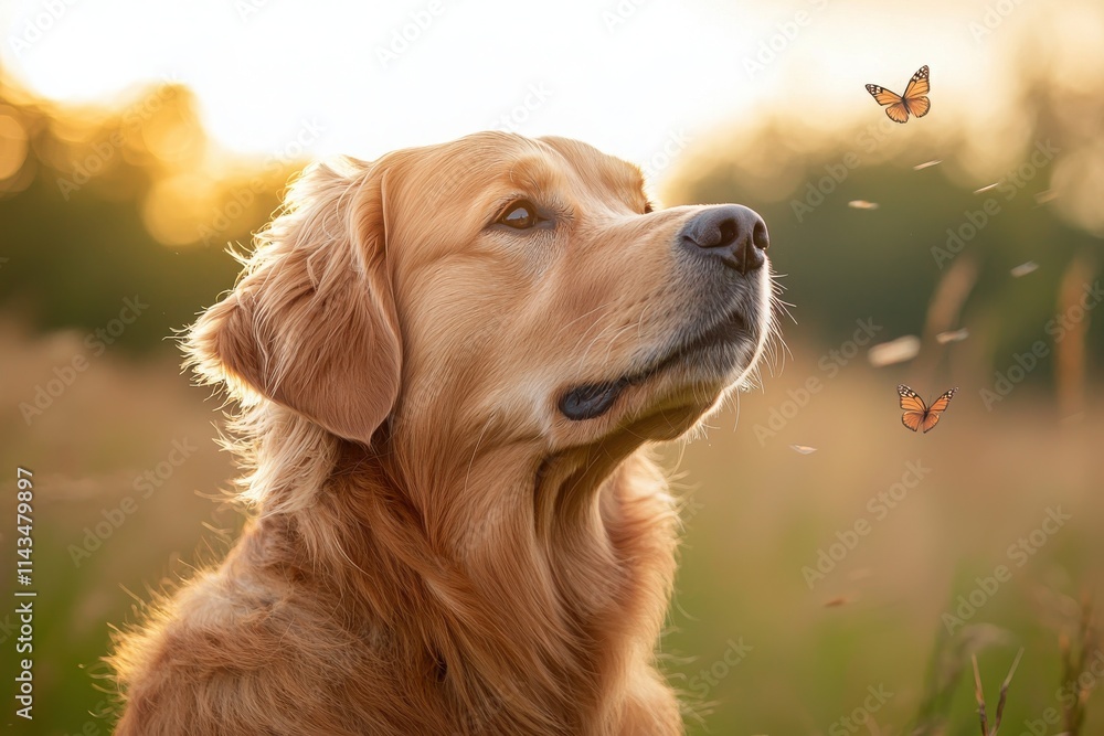 Whimsical golden retriever frolicking in sunny field with butterflies Whimsical golden retriever frolicking in sunny field with butterflies