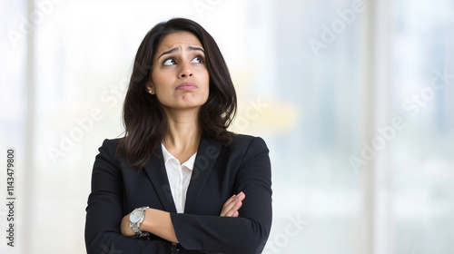 Businesswoman Contemplating: A young businesswoman, dressed in a professional suit, stands thoughtfully with her arms crossed, gazing upwards with a contemplative expression.