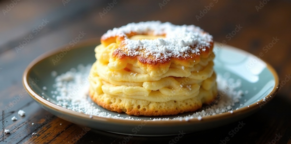 A crispy biscuit adorned with a thick layer of sparkly powdered sugar, dessert plate, sugary overload, artisanal bakery A crispy biscuit adorned with a thick layer of sparkly powdered sugar, dessert plate, sugary overload, artisanal bakery