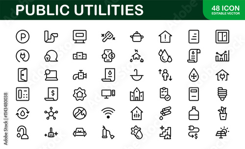 Public Utilities Icon Pack. Clean, Editable Line Icons for Energy, Water Supply, Waste Management, and Urban Infrastructure