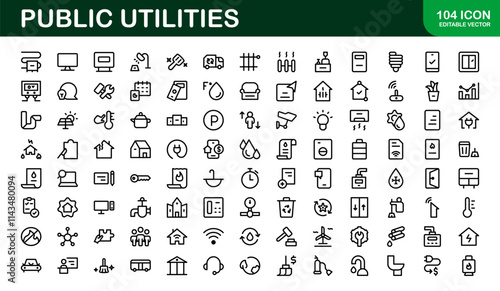 Public Utilities Icon Pack. Clean, Editable Line Icons for Energy, Water Supply, Waste Management, and Urban Infrastructure