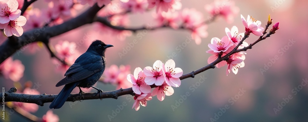 A dark bird perched on a branch of a blooming cherry blossom tree, ornamental trees, natural beauty A dark bird perched on a branch of a blooming cherry blossom tree, ornamental trees, natural beauty