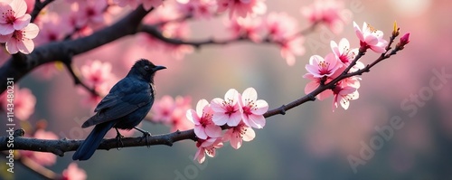 A dark bird perched on a branch of a blooming cherry blossom tree, ornamental trees, natural beauty photo