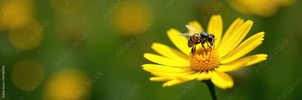 A yellow and black flower fly alights on a yellow daisy flower, fly, flower A yellow and black flower fly alights on a yellow daisy flower, fly, flower
