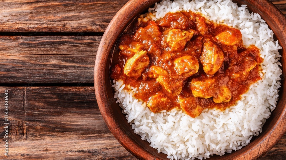 A delicious chicken curry with space at the bottom for text, featuring tender chicken pieces in a rich, spicy sauce served over steamed rice. The vibrant colors and hearty presentation emphasize A delicious chicken curry with space at the bottom for text, featuring tender chicken pieces in a rich, spicy sauce served over steamed rice. The vibrant colors and hearty presentation emphasize