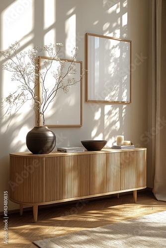 Minimalist Interior Room with Wooden Sideboard and Natural Light in Scandinavian Style