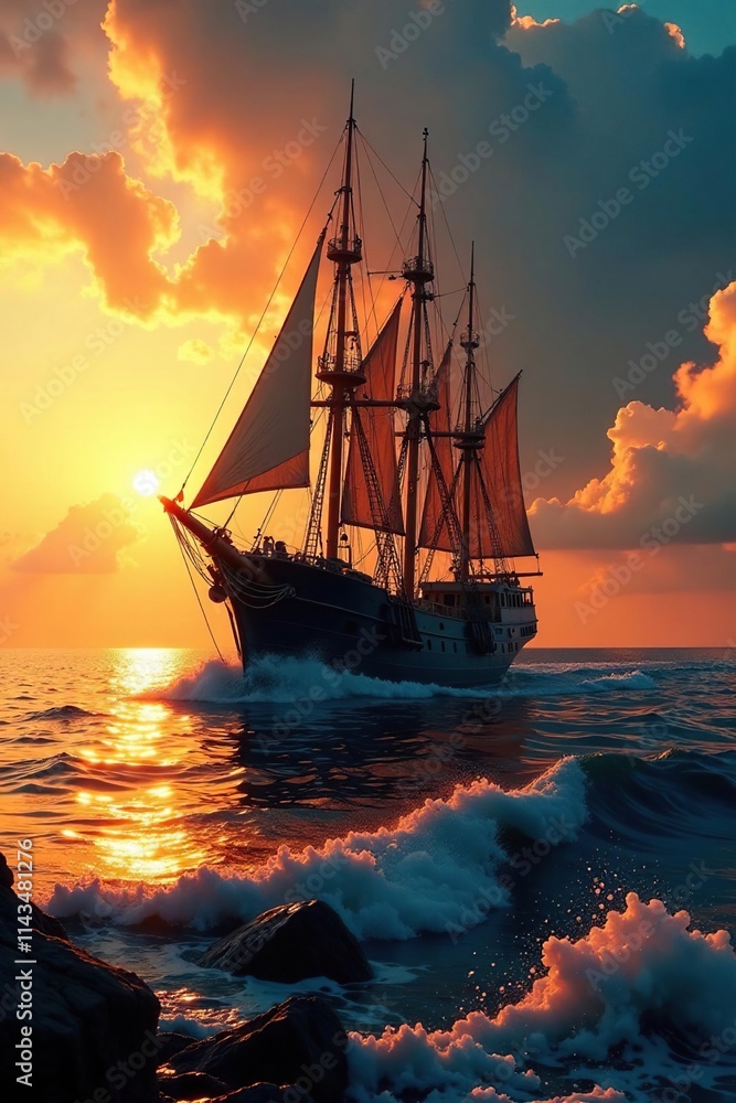 Fototapeta premium Barco hundido en el mar con amanecer rojizo de fondo, ship, sea creatures, maritime