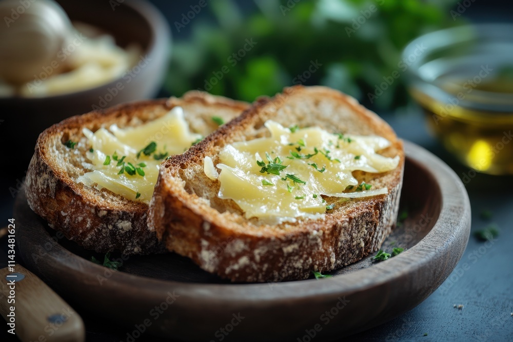 Two slices of toasted bread topped with melted cheese and parsley. Perfect for food blogs, recipes, or articles about simple meals.