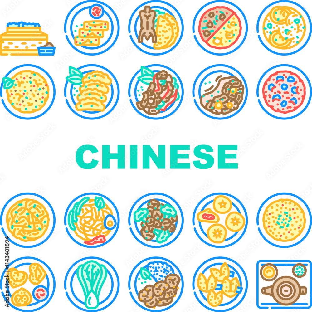 chinese cuisine dim sum dumplings icons set vector. wonton szechuan, peking hotpot, noodles tofu, stir fry cantonese, soy chinese cuisine dim sum dumplings color line illustrations chinese cuisine dim sum dumplings icons set vector. wonton szechuan, peking hotpot, noodles tofu, stir fry cantonese, soy chinese cuisine dim sum dumplings color line illustrations