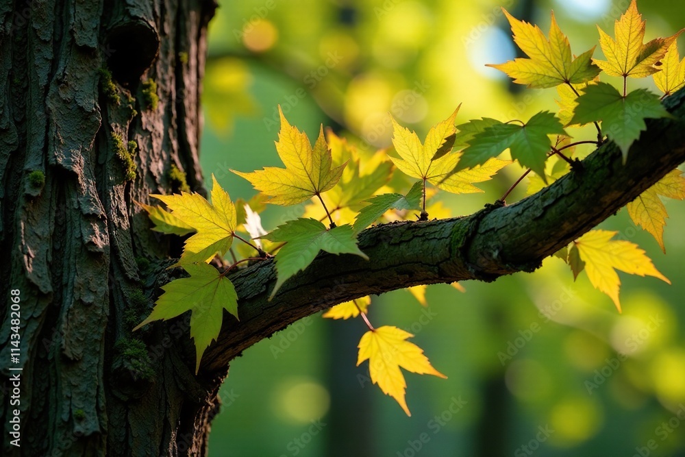 Obraz premium Beech leaves rustling on the branch of an ancient tree, tree bark, rustling