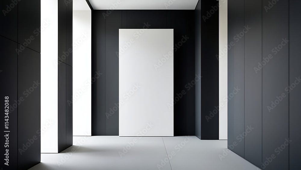 Modern minimalist interior with sleek black panels and white contrasts, emphasizing clean lines, geometric shapes, and a spacious contemporary design aesthetic. Modern minimalist interior with sleek black panels and white contrasts, emphasizing clean lines, geometric shapes, and a spacious contemporary design aesthetic.