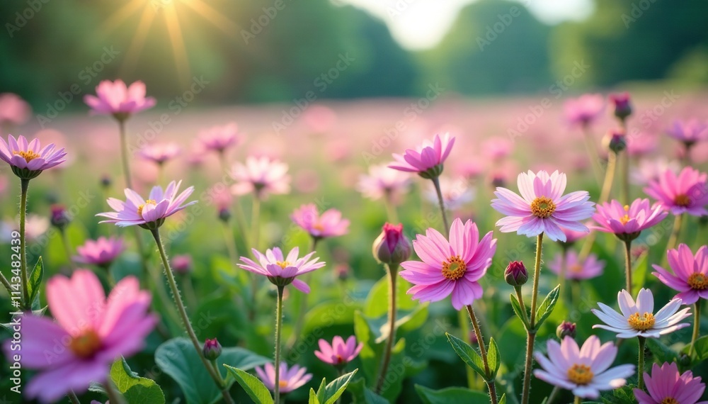 A field of silver flowers blooms in a vibrant and colorful landscape, bloom, shimmering, sparkling A field of silver flowers blooms in a vibrant and colorful landscape, bloom, shimmering, sparkling