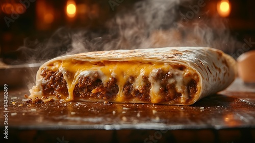 A burrito being torn open, showcasing gooey melted cheese stretching between layers of seasoned fillings, steam rising softly, moody food shot with warm highlights and a rustic wooden background,